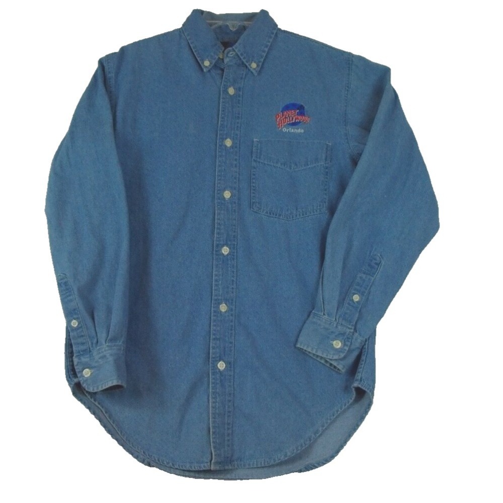 VINTAGE PLANET HOLLYWOOD BUTTON UP DENIM SHIRT‎ 1991 MENS SIZE SMALL BLUE